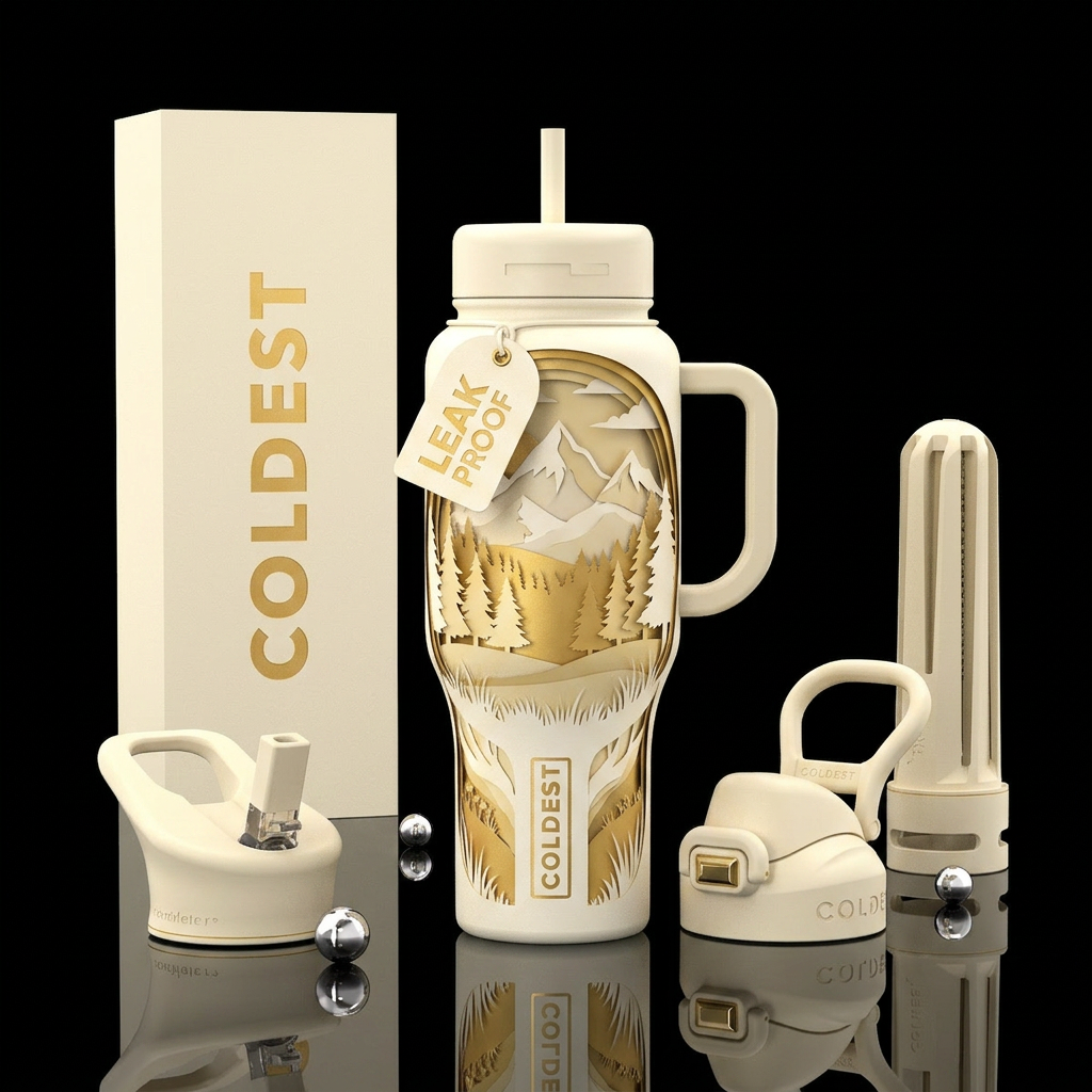 warm ivory insulated bottle,  paper cut illustrati... water bottle design