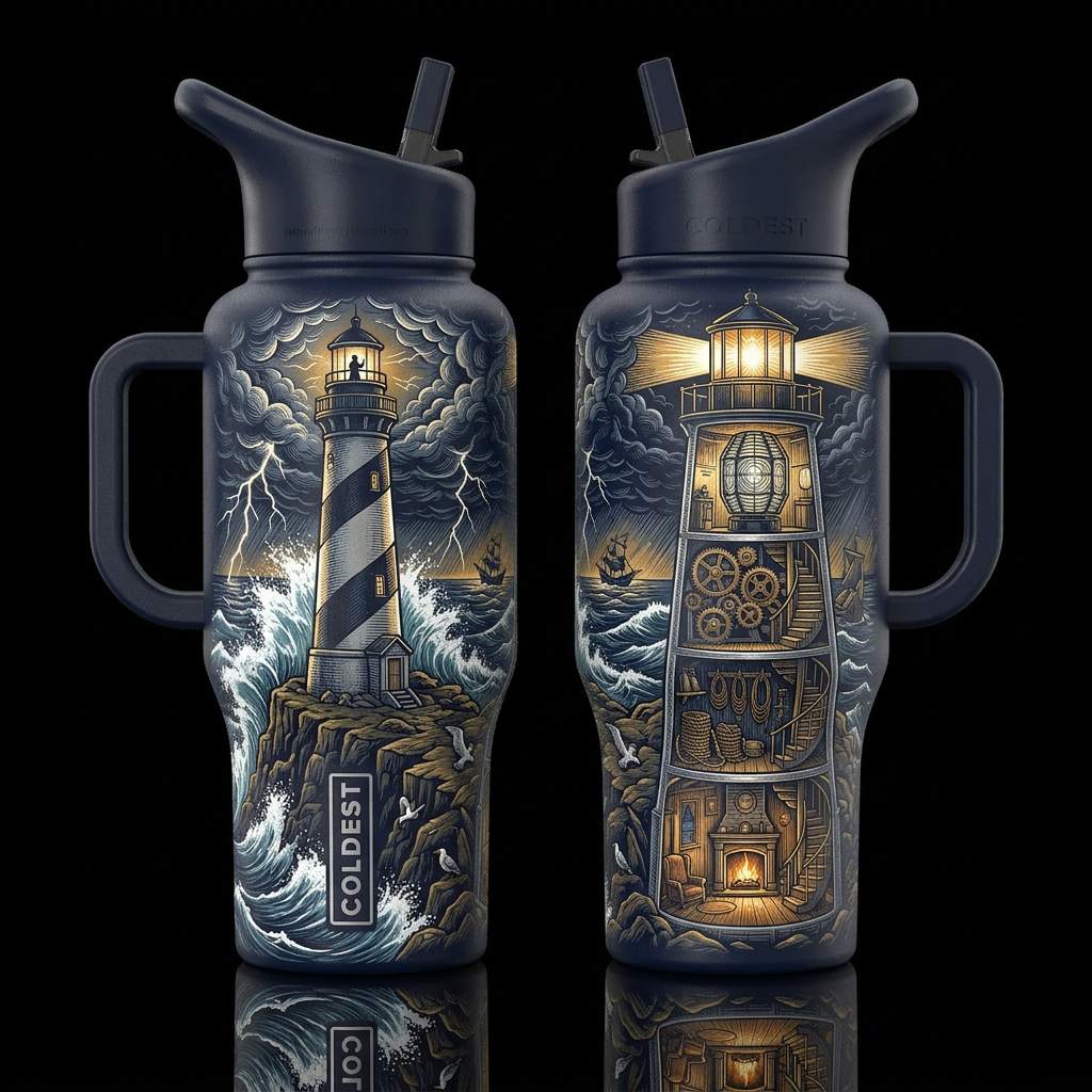 deep navy insulated bottle, please show front and ... water bottle design