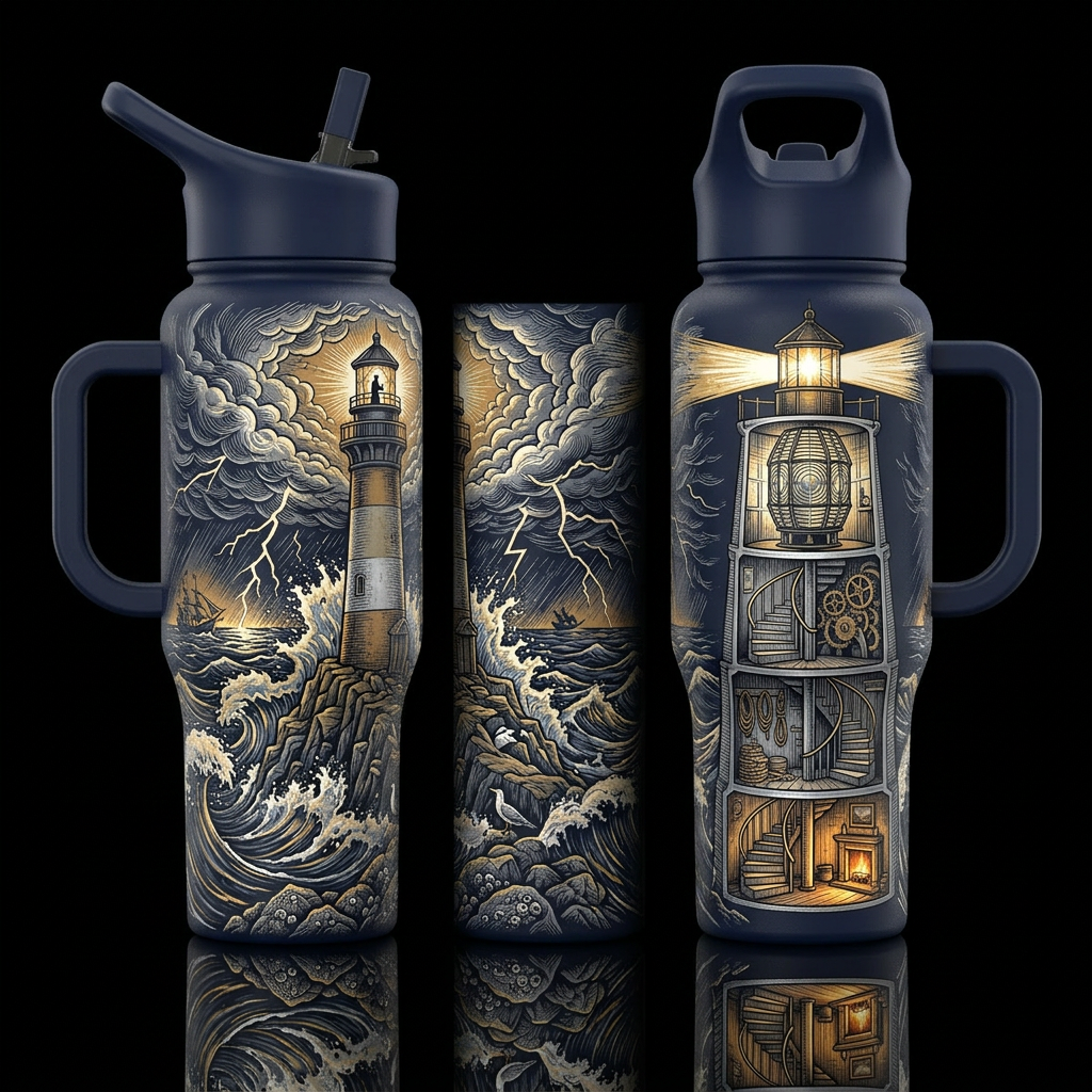 deep navy insulated bottle, please show front and ... water bottle design