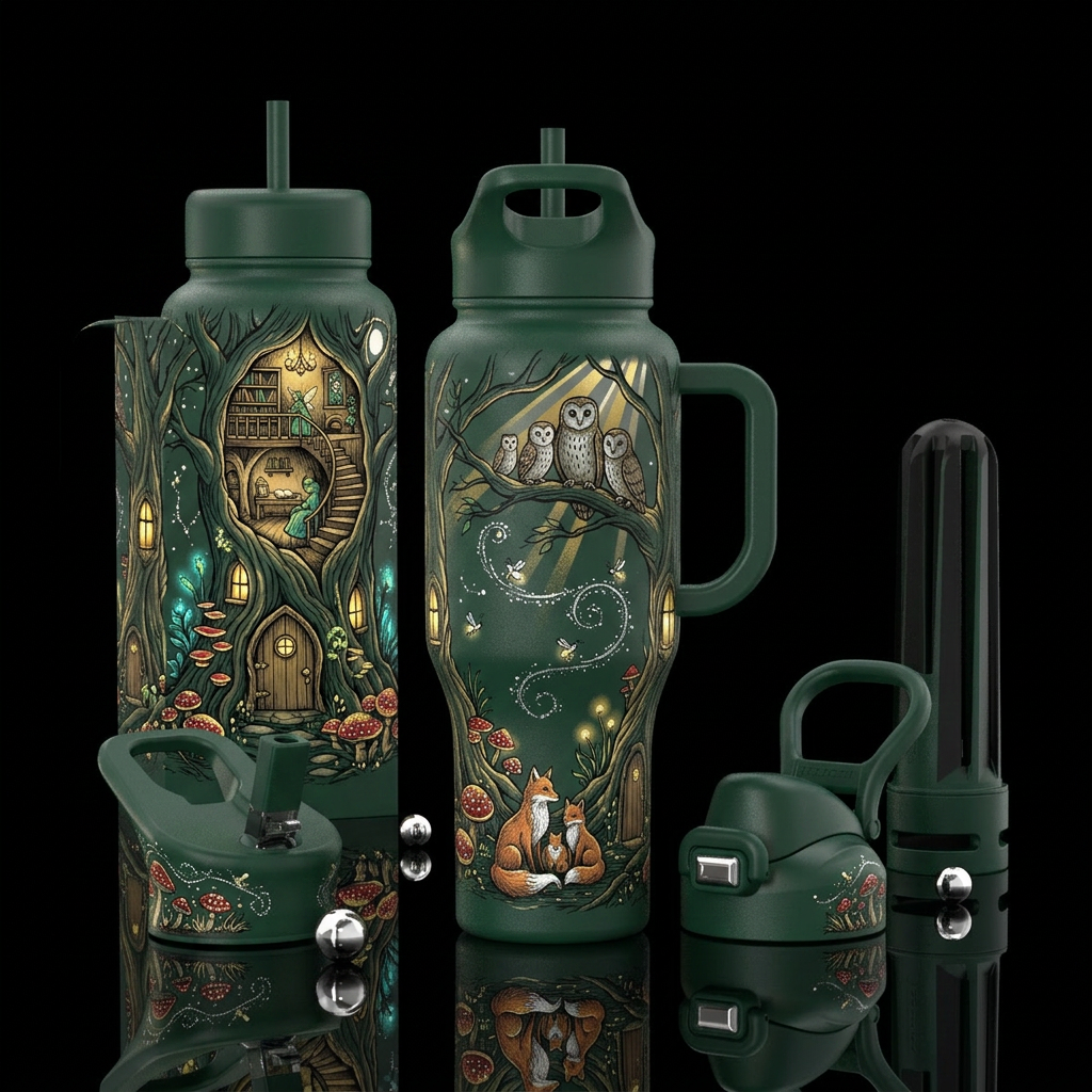 deep forest green insulated bottle, please show fr... water bottle design