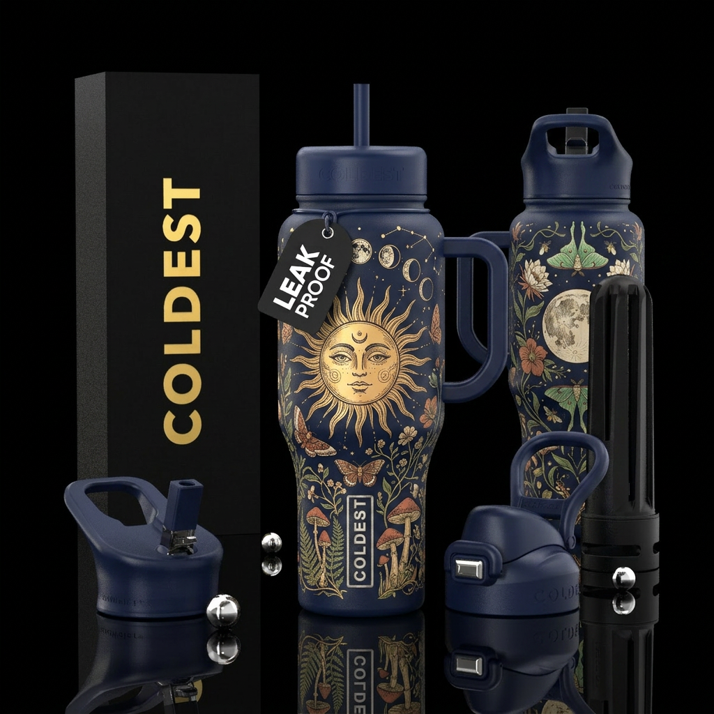deep navy insulated bottle, please show front and ... water bottle design