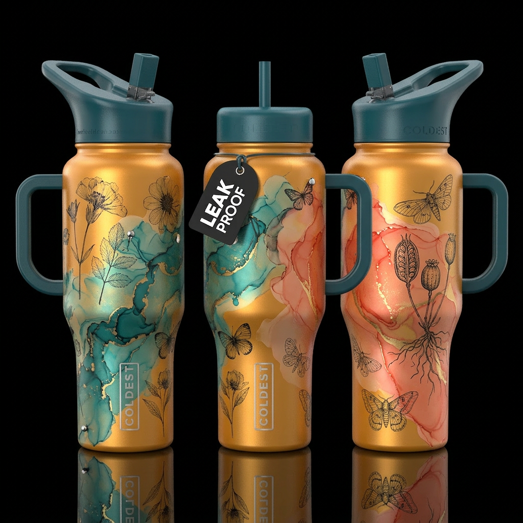 warm amber gold insulated bottle, please show fron... water bottle design