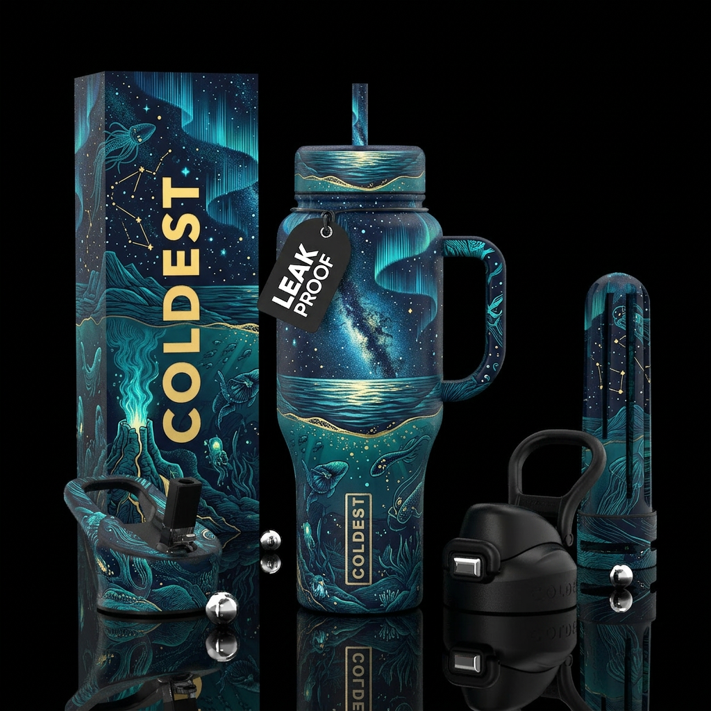 deep teal insulated bottle, please show front and ... water bottle design