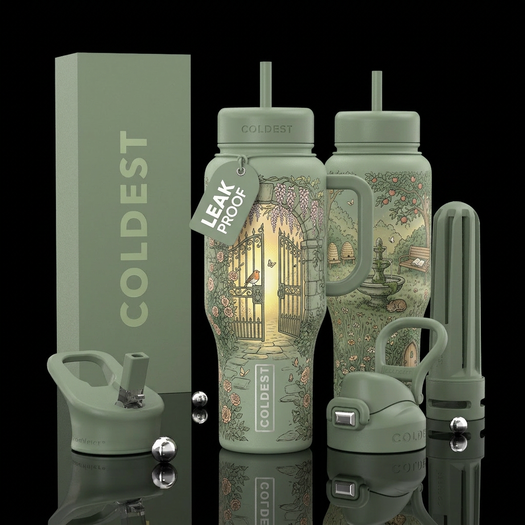 sage green insulated bottle, please show front and... water bottle design