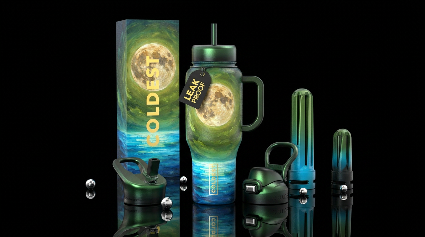 harvest moon, matcha, magic, oil painted, european... water bottle design