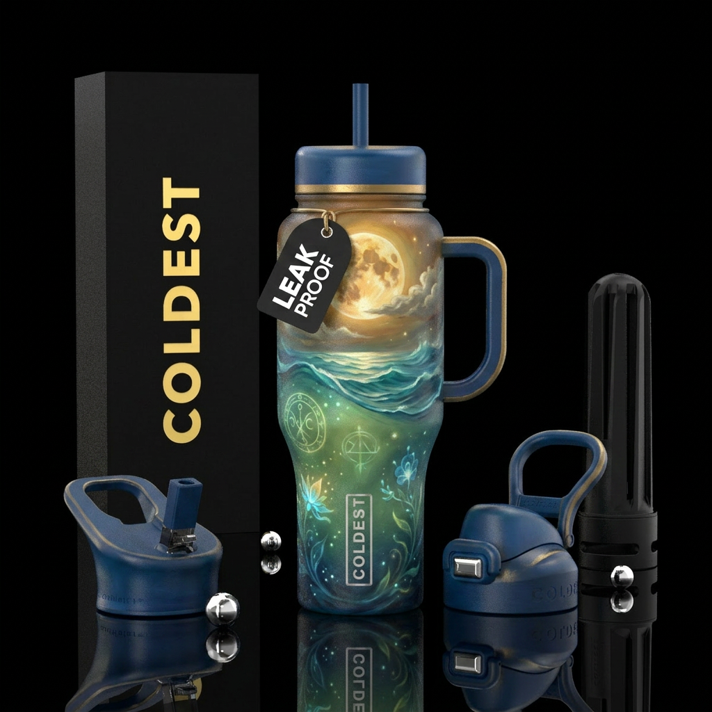 harvest moon, matcha, magic, oil painted, european... water bottle design