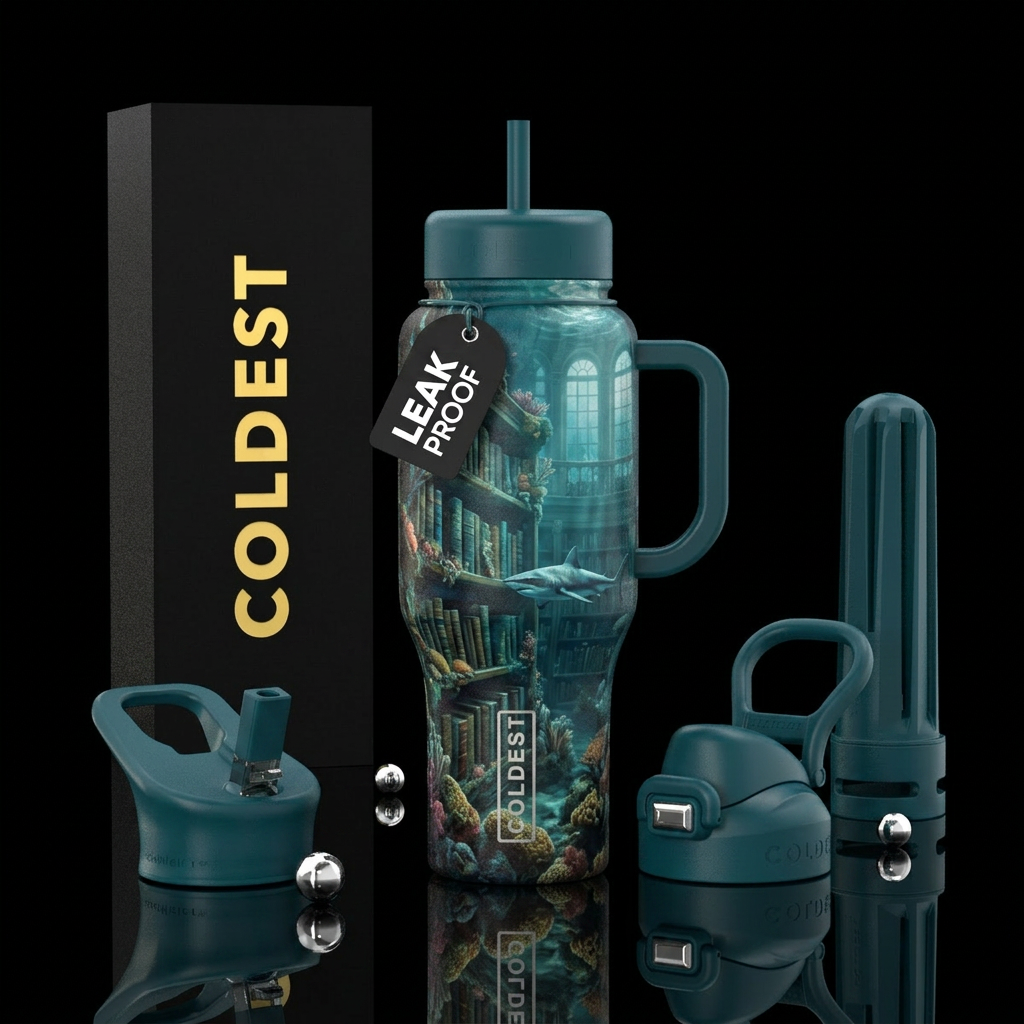 sunken library, ancient library submerged underwat... water bottle design