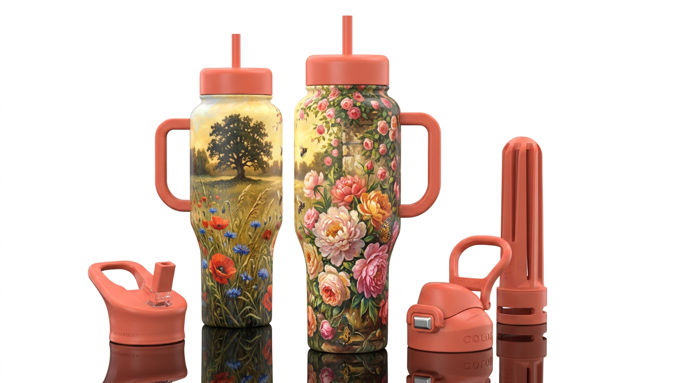warm coral insulated bottle, please show front and... water bottle design