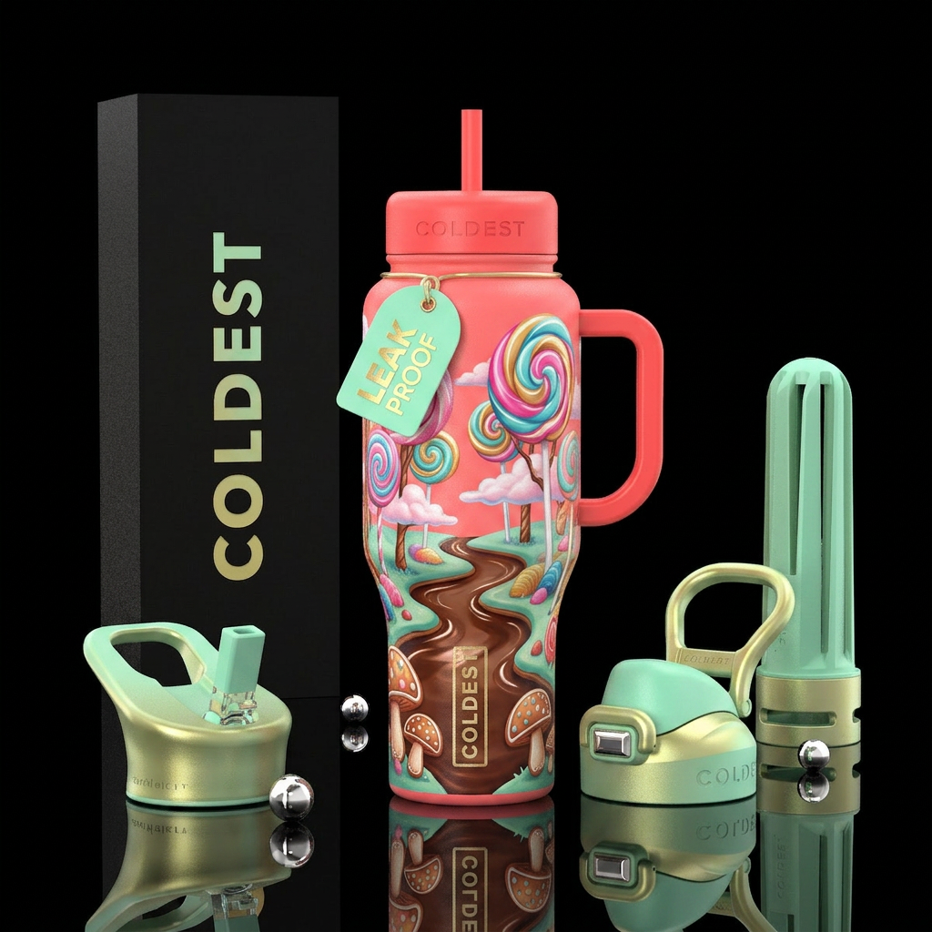 bright coral bottle, enchanted  forest where every... water bottle design