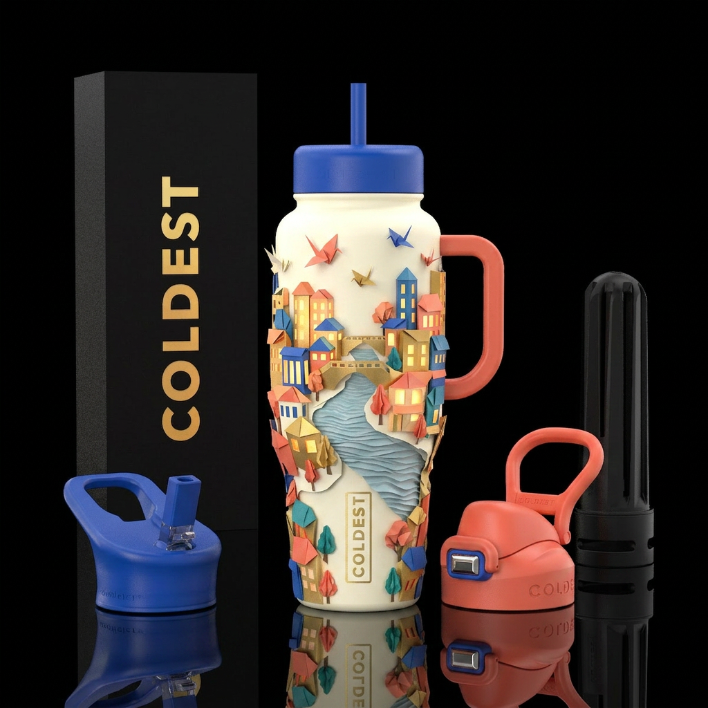bright ivory bottle, entire town  built from folde... water bottle design