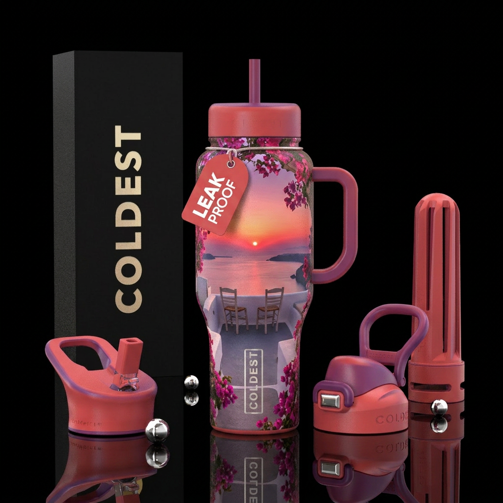 deep coral bottle, Santorini  at sunset from a sim... water bottle design