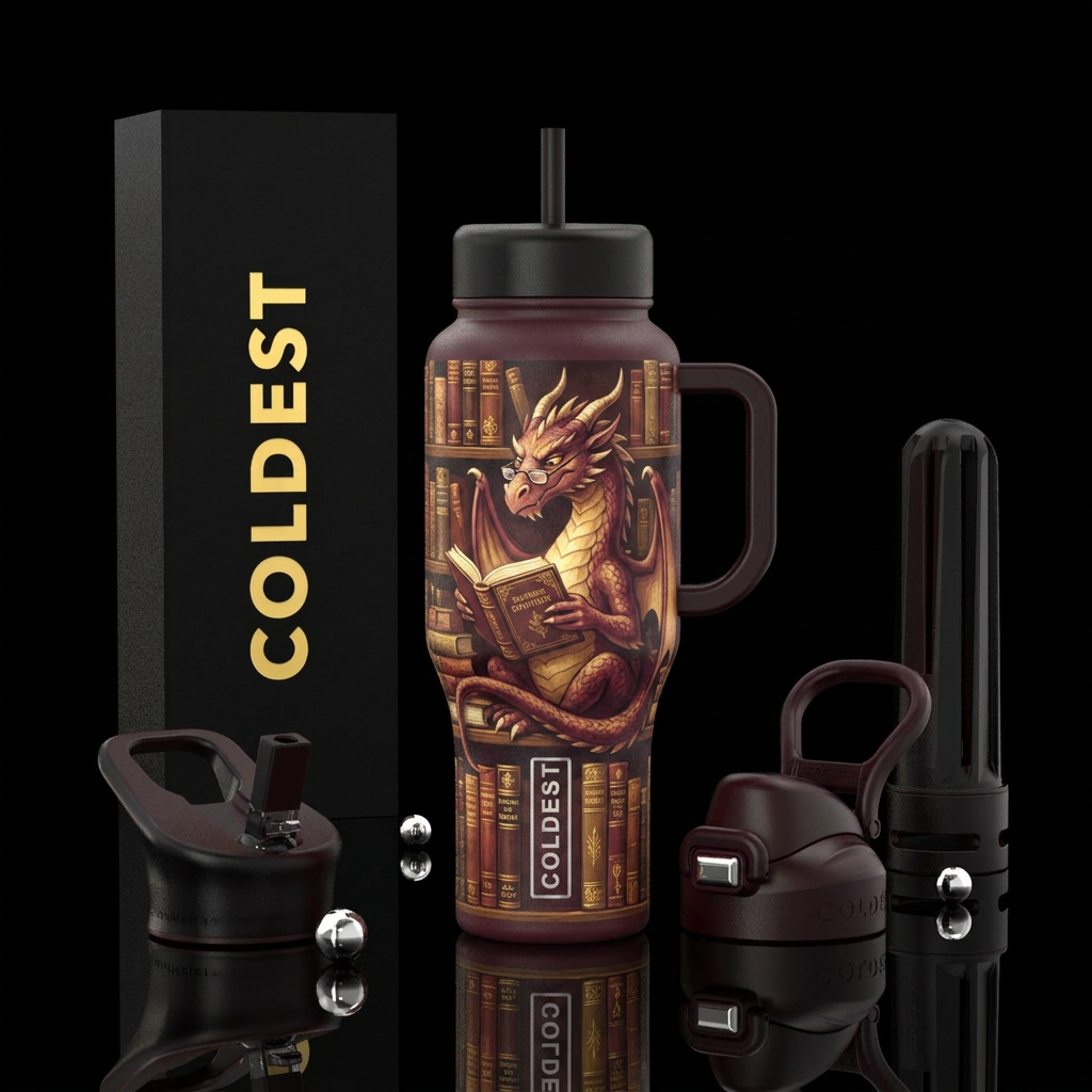 warm burgundy bottle, a dragon  who has spent so m... water bottle design