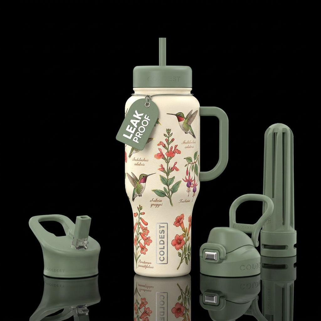 warm ivory bottle, a vintage  botanical illustrati... water bottle design