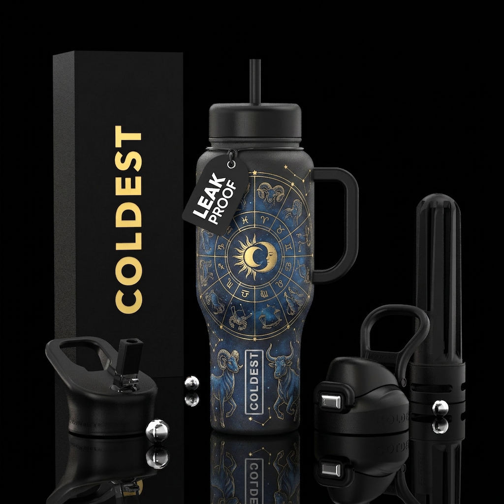 midnight black bottle, the entire  zodiac illustra... water bottle design