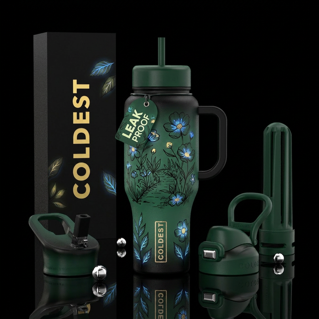 deep forest green bottle, a botanical  illustratio... water bottle design