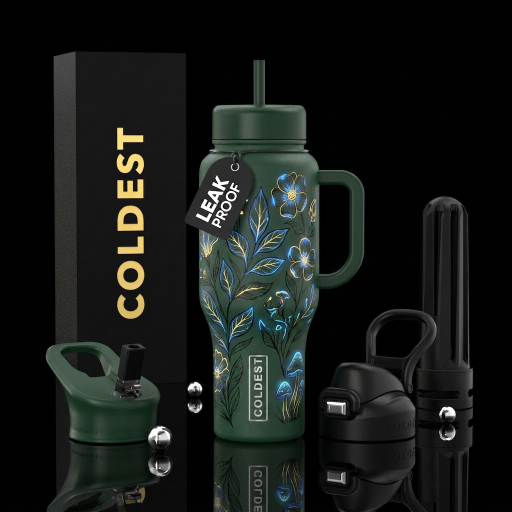 deep forest green bottle, a botanical  illustratio... water bottle design
