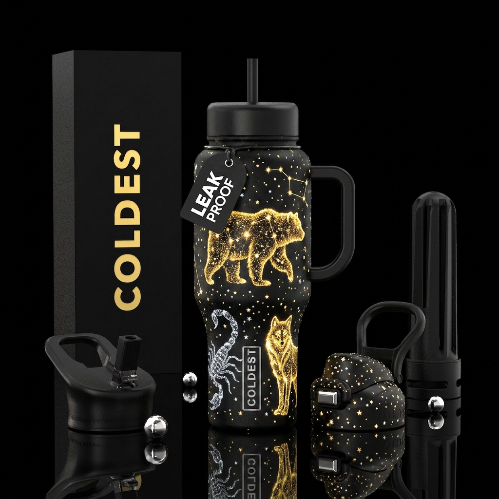 midnight black bottle, constellation  figures draw... water bottle design