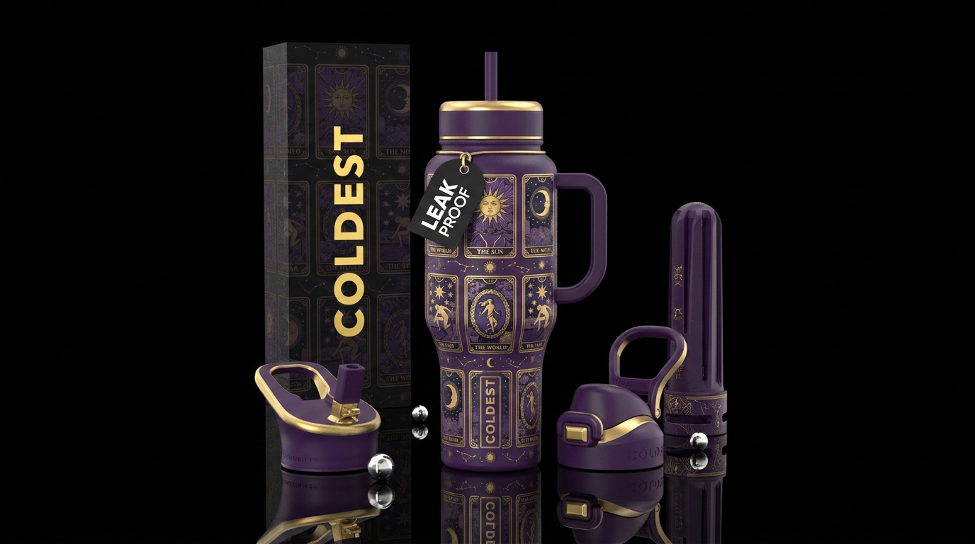 deep purple bottle, a repeating  tarot card patter... water bottle design