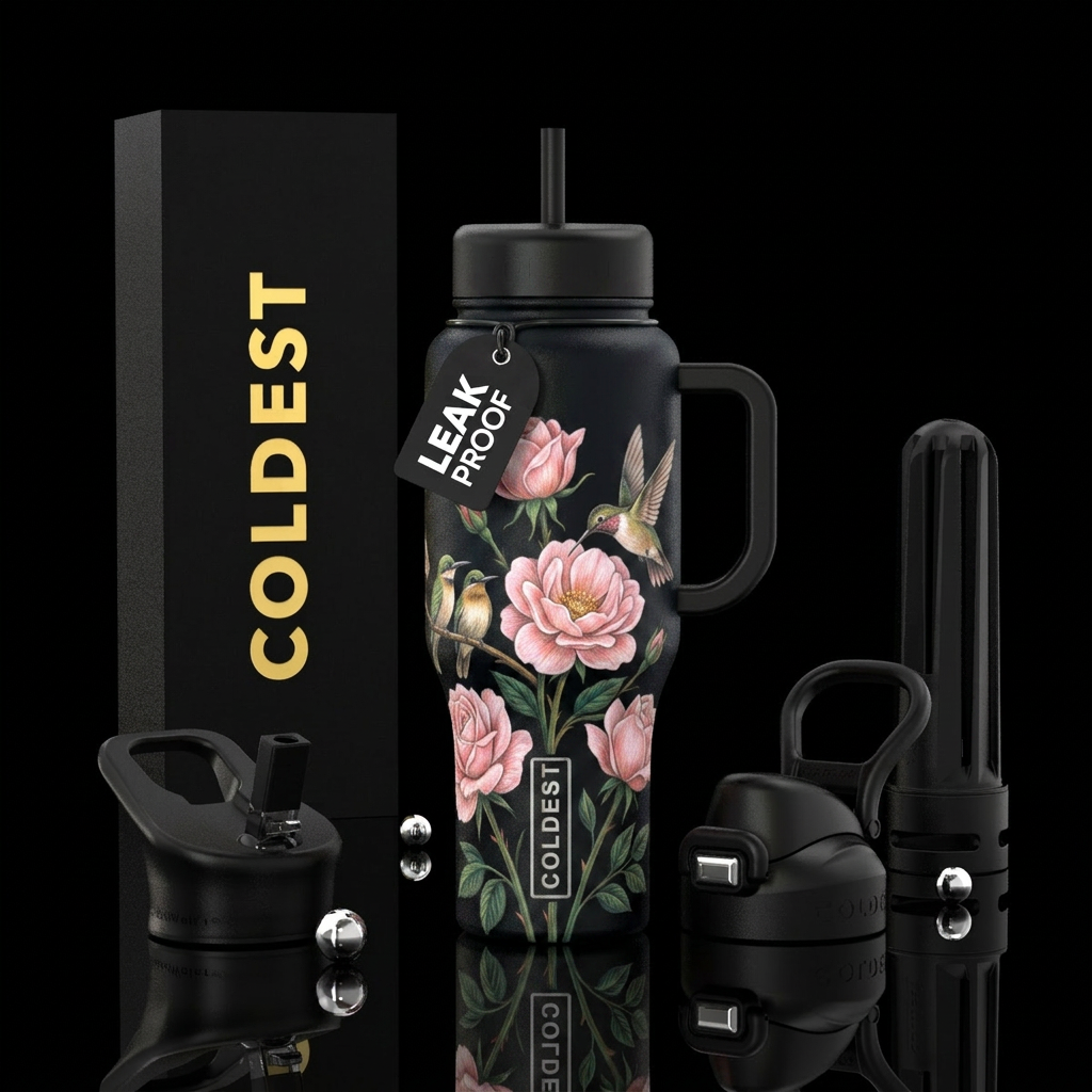 midnight black bottle, Rosa de  Bayahibe blooms em... water bottle design