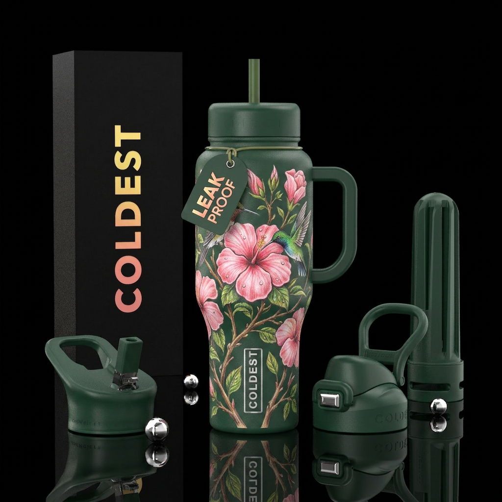 deep forest green bottle, Rosa  de Bayahibe in ful... water bottle design