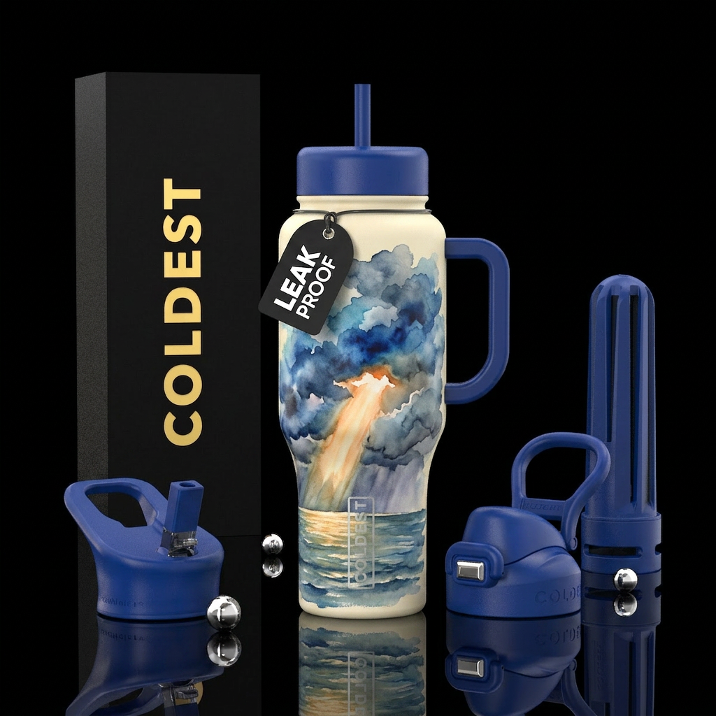 I want a watercolor painting of  a thunderstorm ro... water bottle design