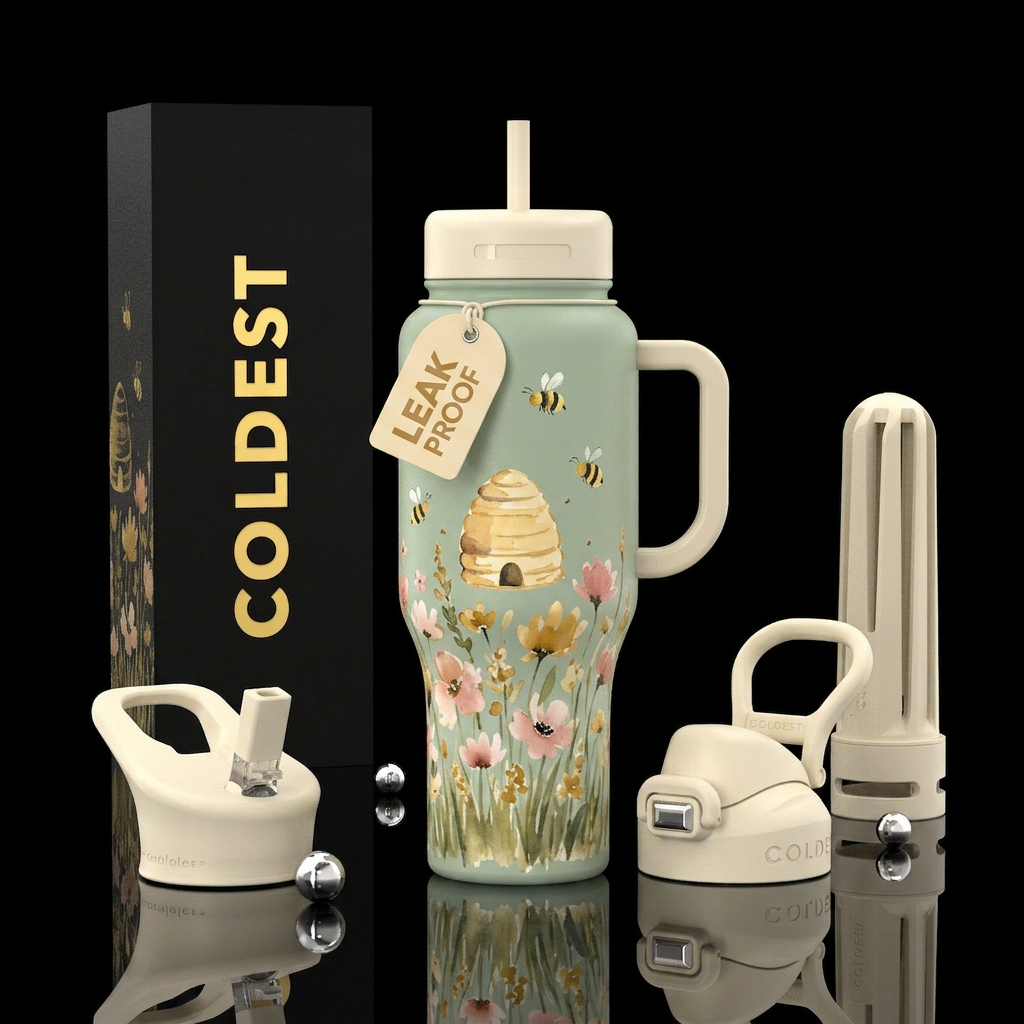I want a watercolor beehive and  wildflower meadow... water bottle design