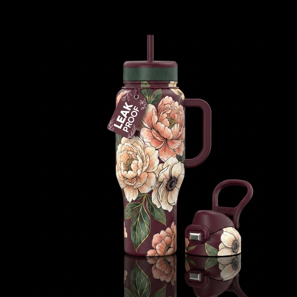 I want a deep burgundy bottle  with oversized bota... water bottle design