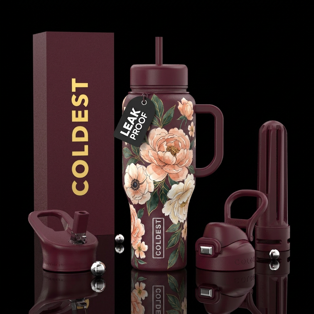 I want a deep burgundy bottle  with oversized bota... water bottle design