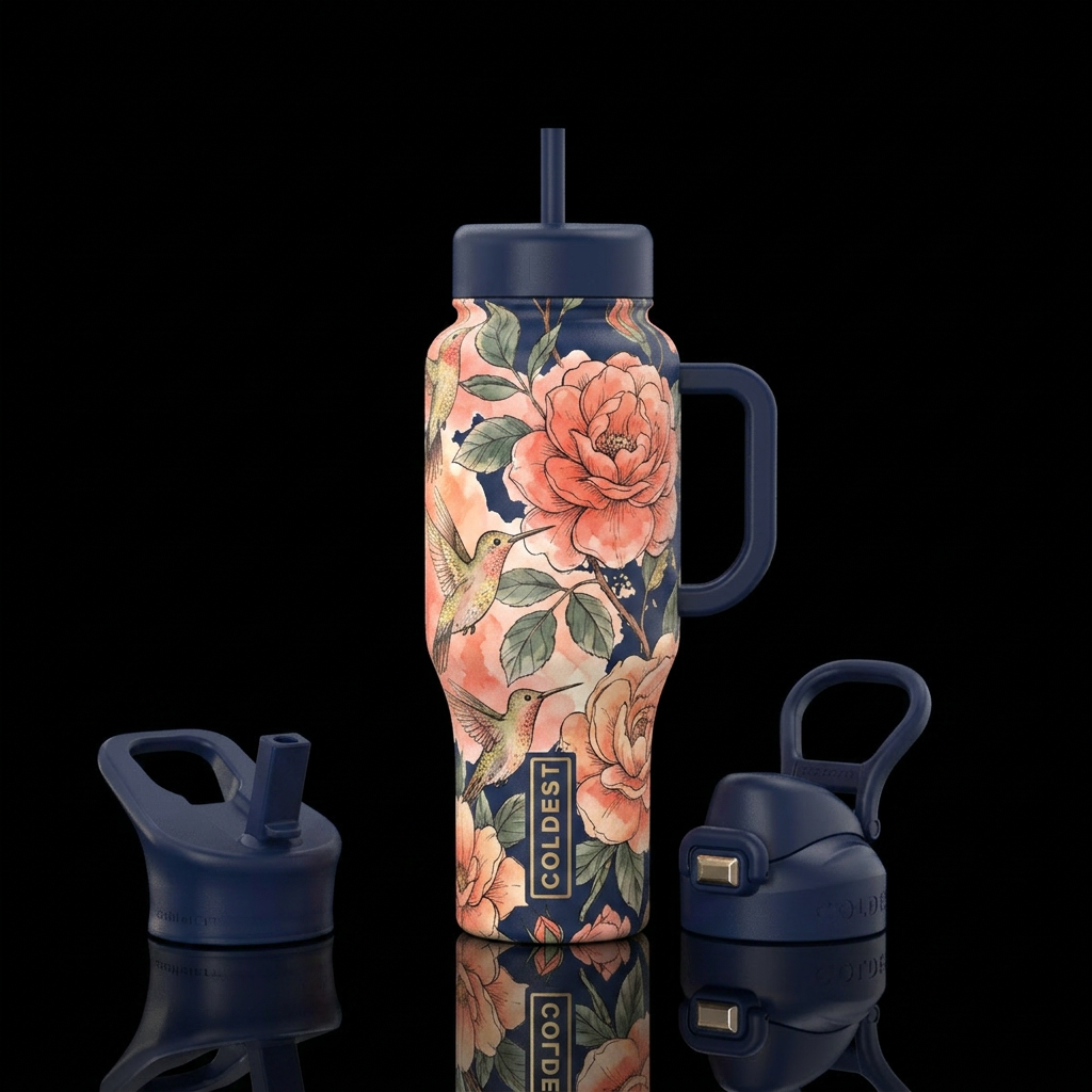 I want a deep navy bottle covered  in a warm hand ... water bottle design