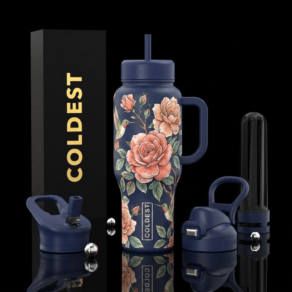 I want a deep navy bottle covered  in a warm hand ... water bottle design
