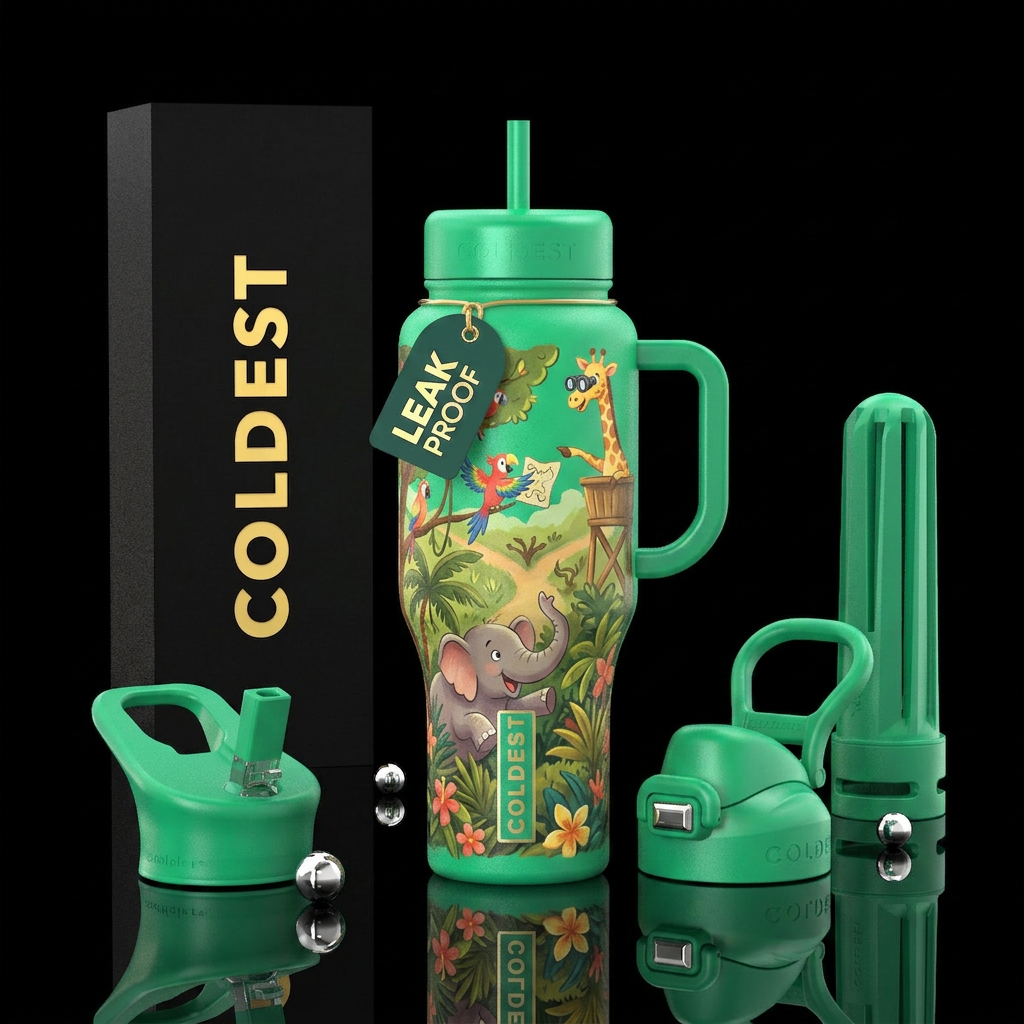 bright emerald bottle, a group  of animal friends ... water bottle design