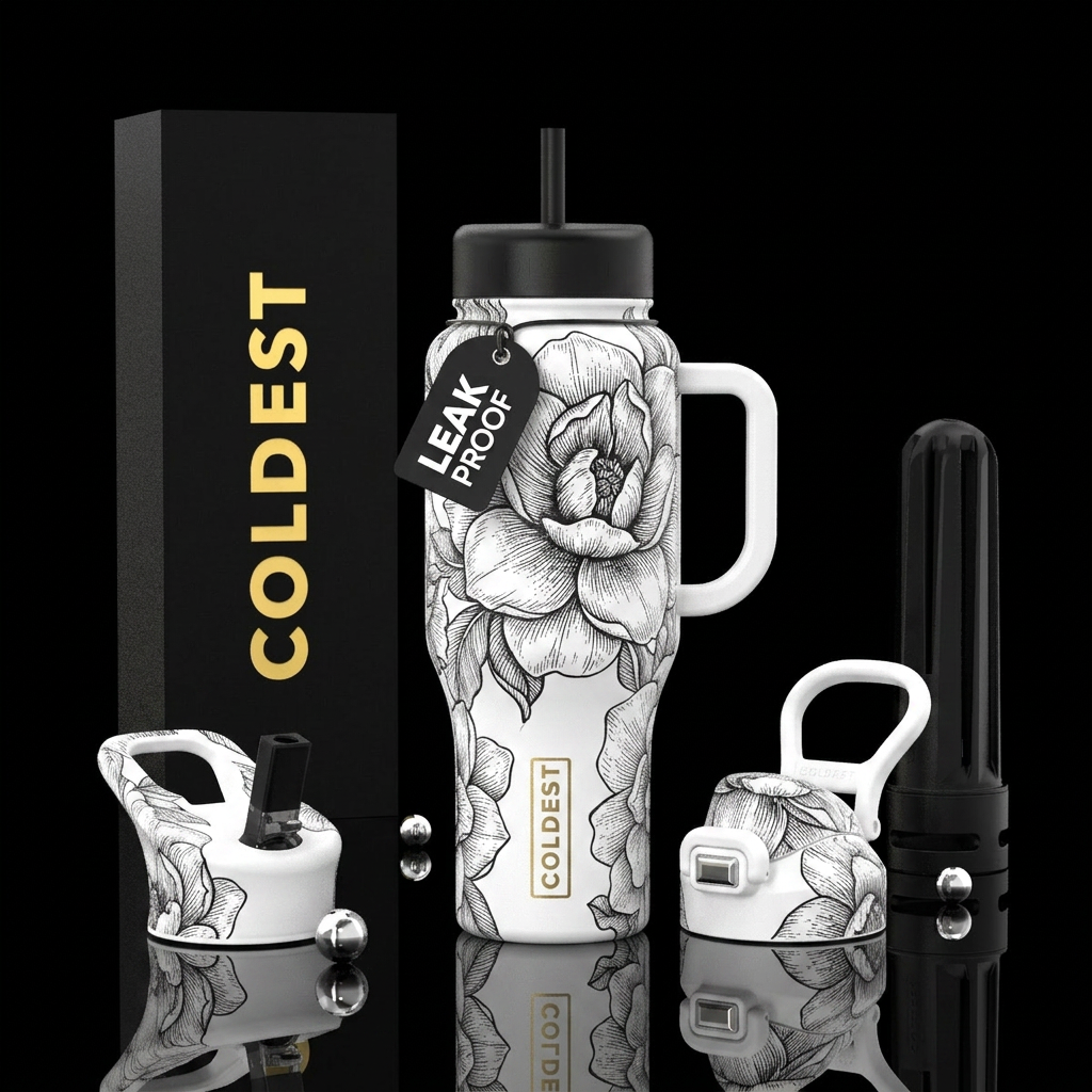 I want a crisp white bottle with  oversized botani... water bottle design