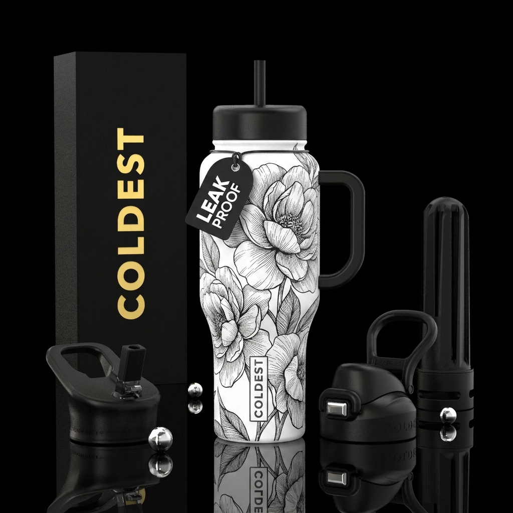I want a crisp white bottle with  oversized botani... water bottle design