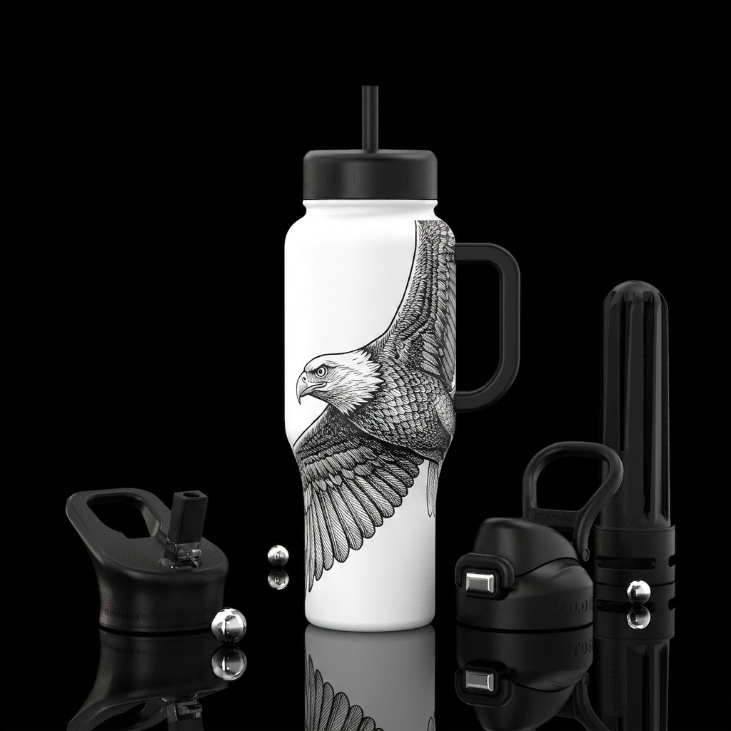 I want a pure white bottle with  an oversized eagl... water bottle design