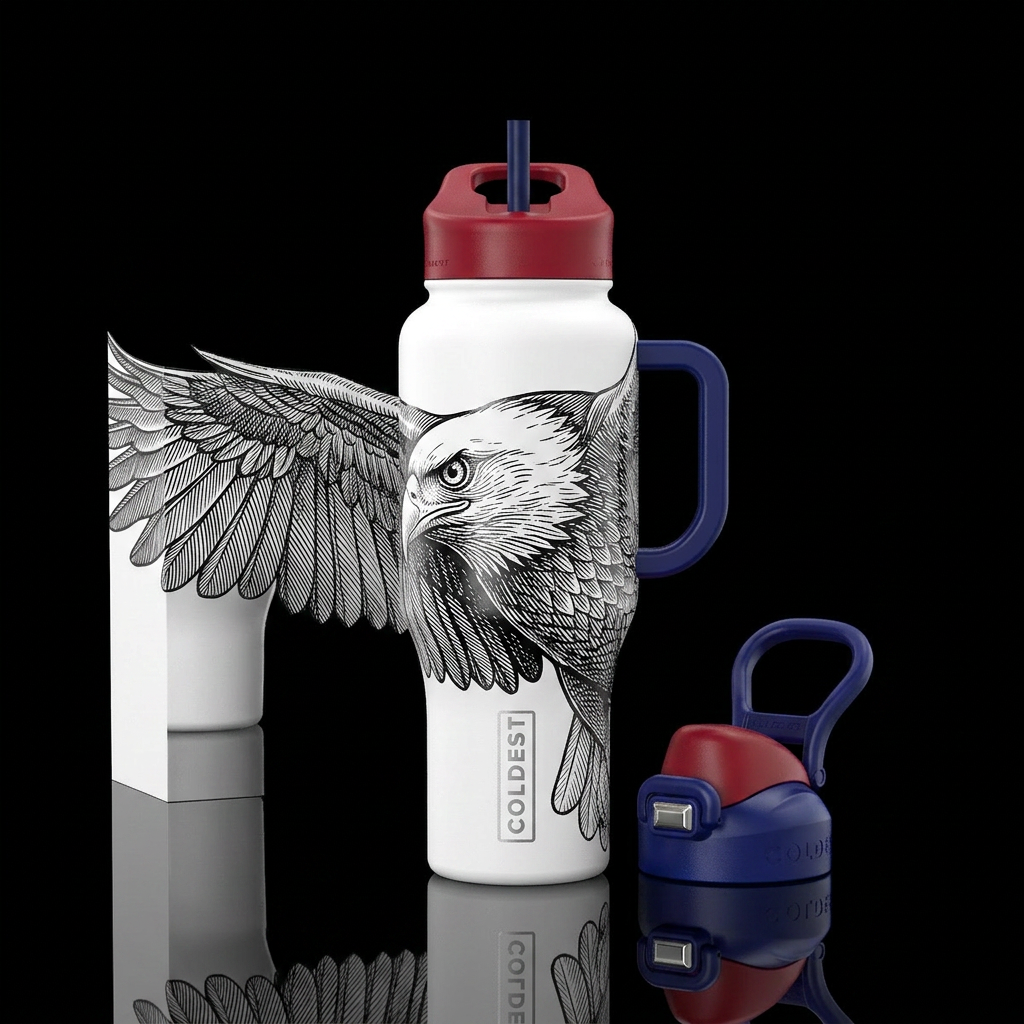 I want a pure white bottle with  an oversized eagl... water bottle design