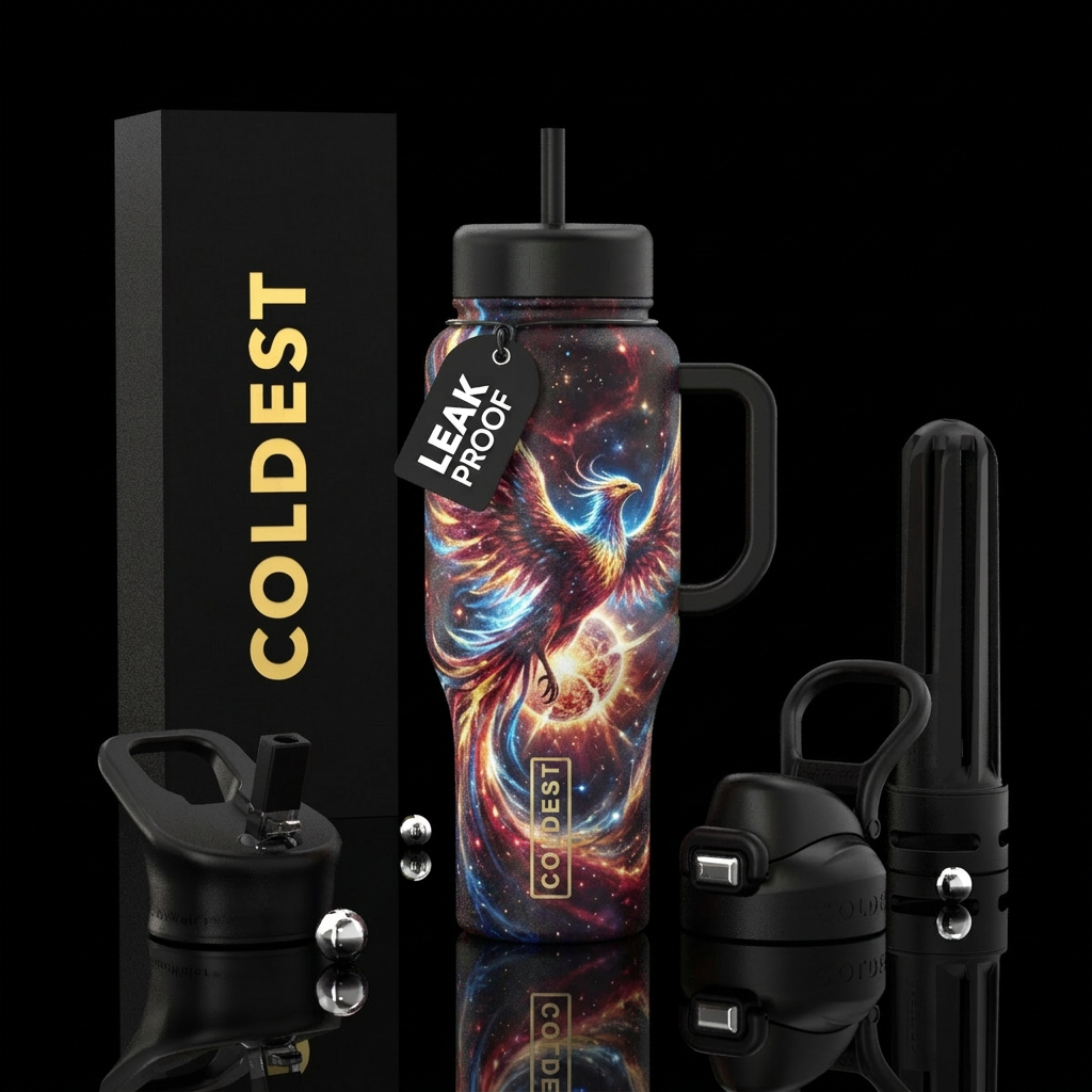I want a deep cosmic black bottle  showing a phoen... water bottle design