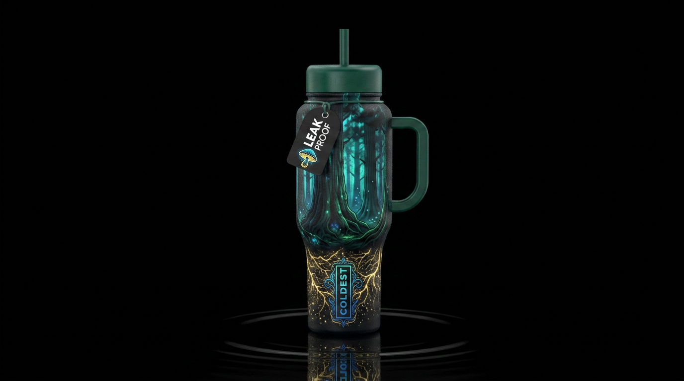 I want a deep forest black bottle  showing an anci... water bottle design