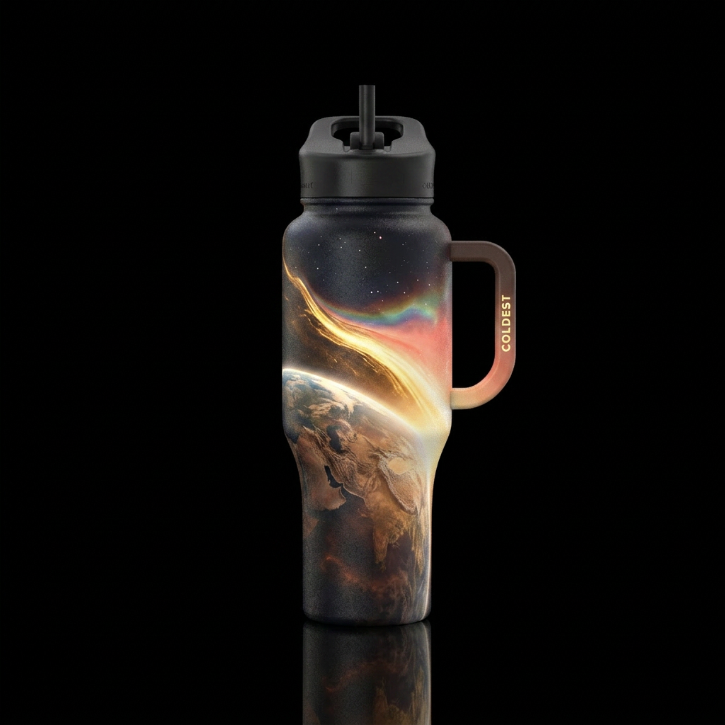 I want a deep cosmic bottle showing  the first sun... water bottle design