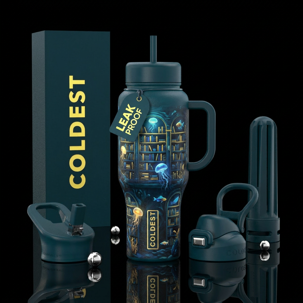 I want a deep midnight teal bottle  showing a libr... water bottle design