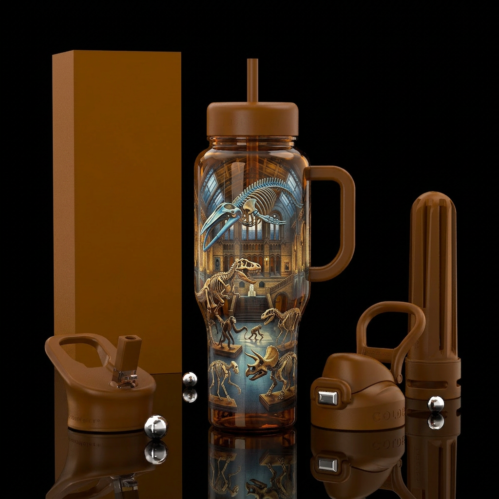 I want a deep amber bottle showing  a natural hist... water bottle design