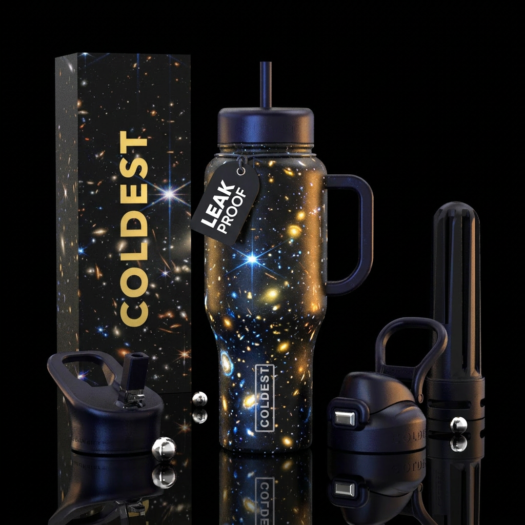 I want a deep cosmic black bottle  showing the Hub... water bottle design