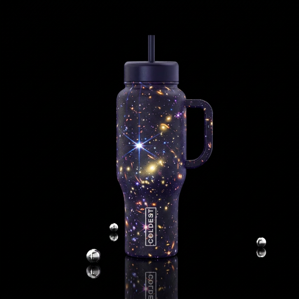 I want a deep cosmic black bottle  showing the Hub... water bottle design