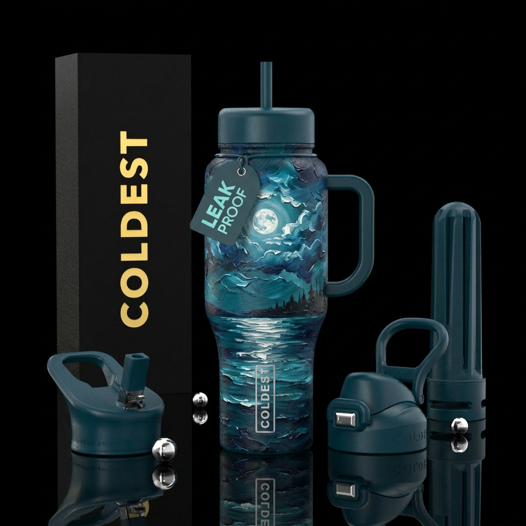 I want a deep midnight teal bottle  painted in thi... water bottle design
