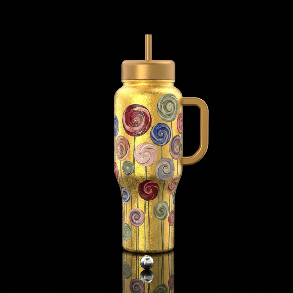 I want a warm gold bottle painted  in a style insp... water bottle design
