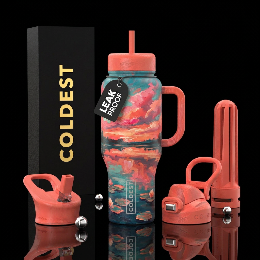 I want a warm coral bottle painted  in bold expres... water bottle design