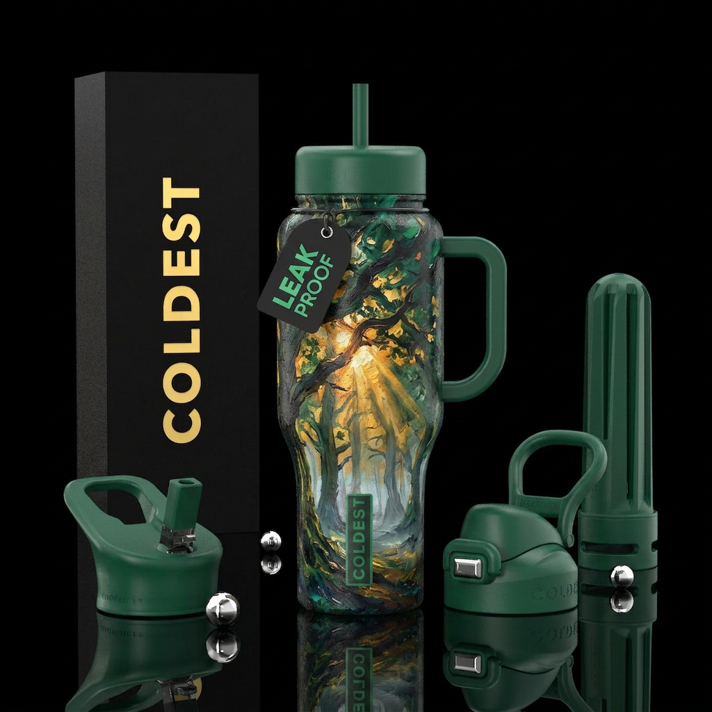 I want a deep emerald green bottle  painted in thi... water bottle design
