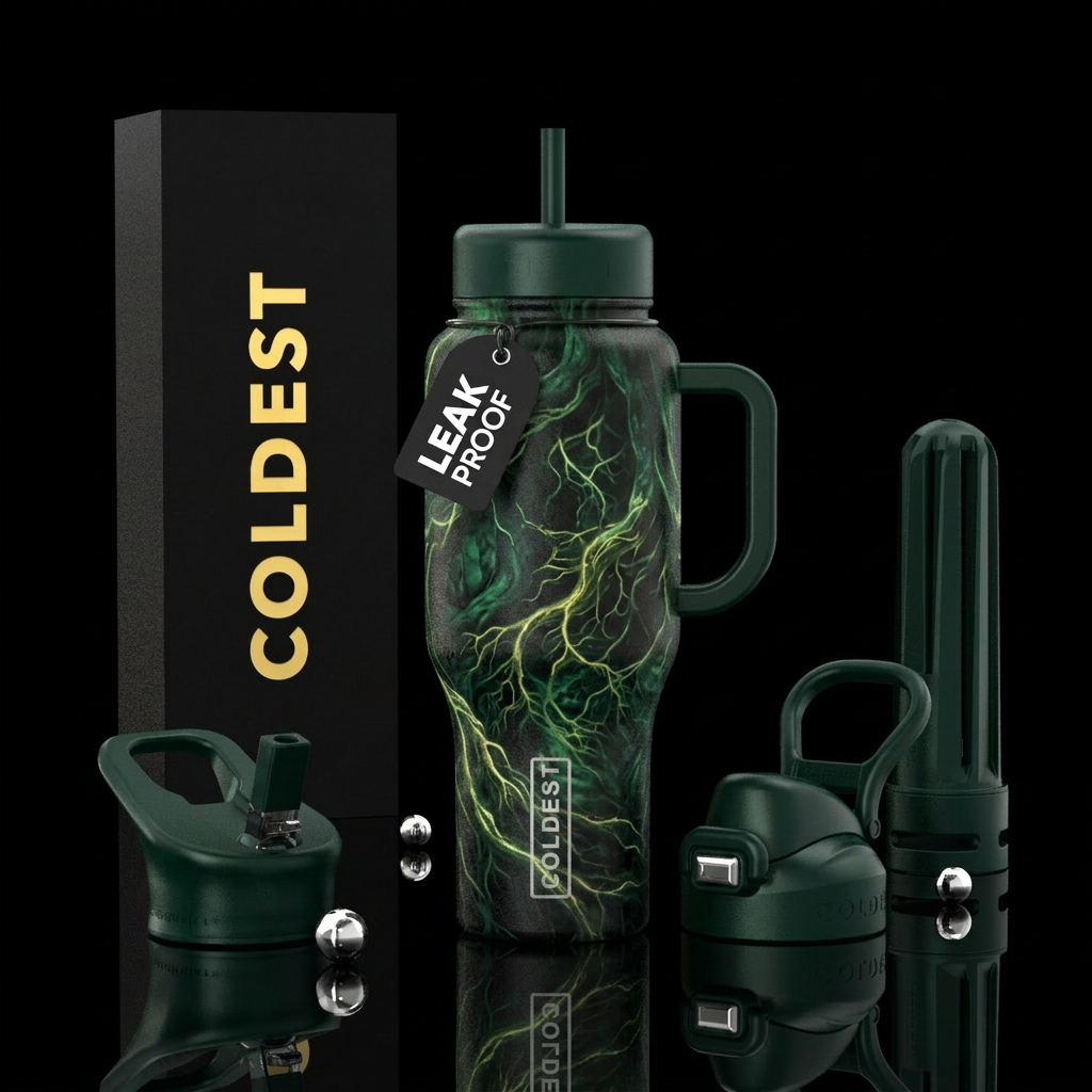 I want a deep emerald black bottle  showing what a... water bottle design