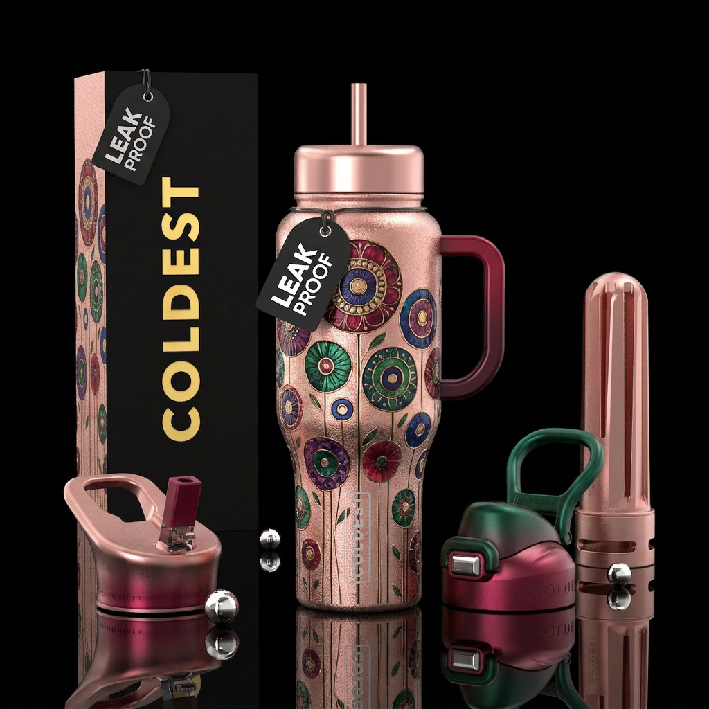 I want a warm rose gold bottle  painted in Klimt i... water bottle design