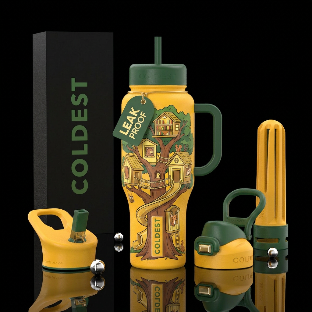 warm sunshine yellow bottle,  a treehouse built ov... water bottle design