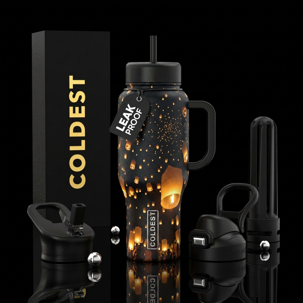 I want a deep midnight black bottle  showing a lan... water bottle design